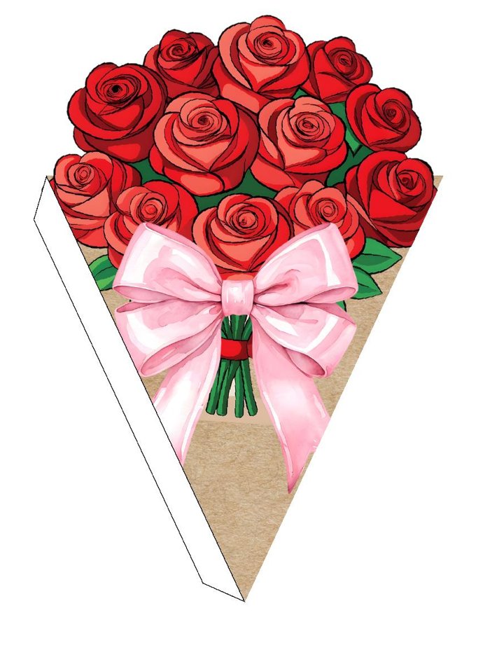 Plantilla de cono corazón ramo de rosas rojas con lazo rosa
