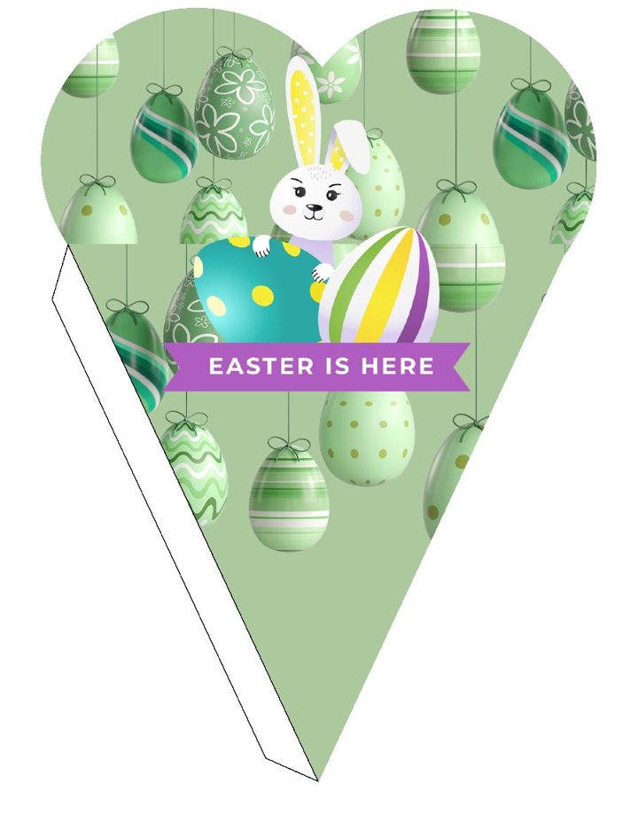 Plantilla de cono corazón verde Easter is Here con conejito