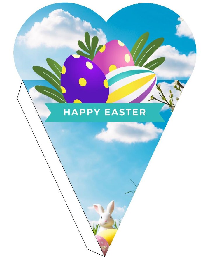 Plantilla de cono corazón Happy Easter con huevos y cielo azul
