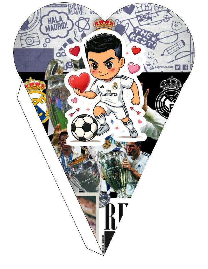Plantilla de cono corazón de fútbol con jugador y club blanco