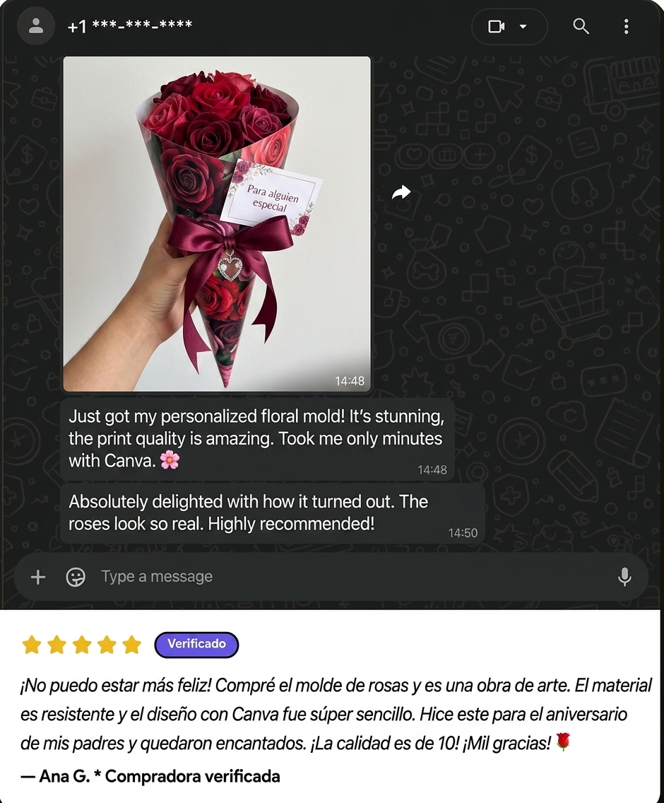 Reseña de clienta con cono de rosas