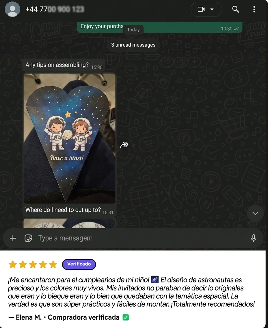 Reseña de clienta con cono temático de astronautas