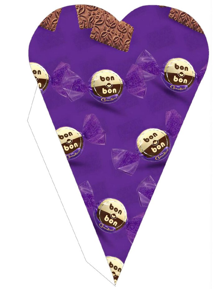 Plantilla de cono corazón morado con bombones y galletas