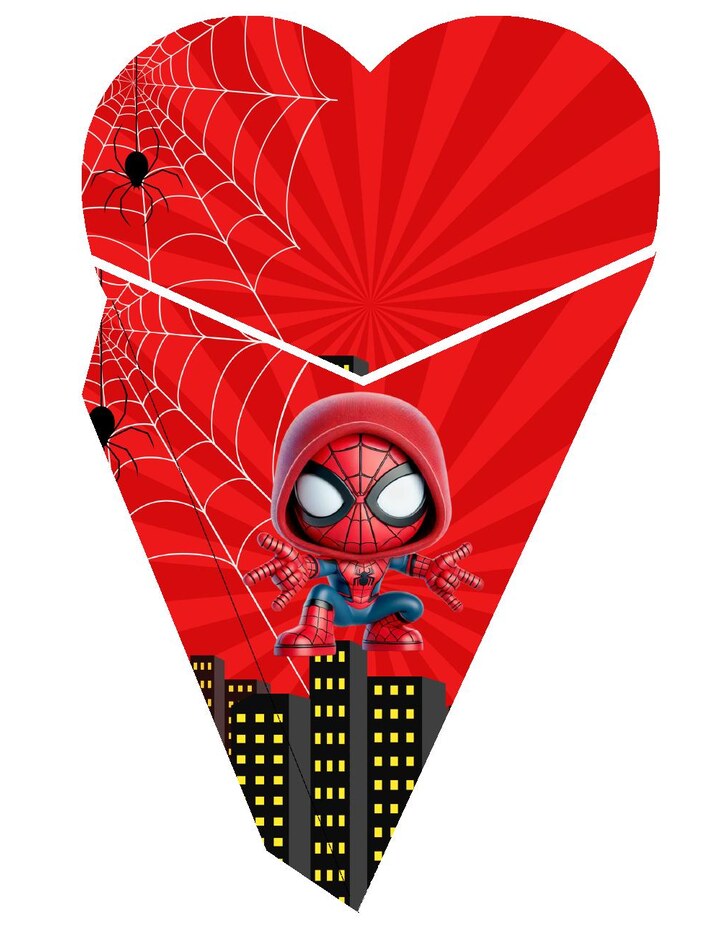 Plantilla de cono corazón de superhéroe arácnido con ciudad